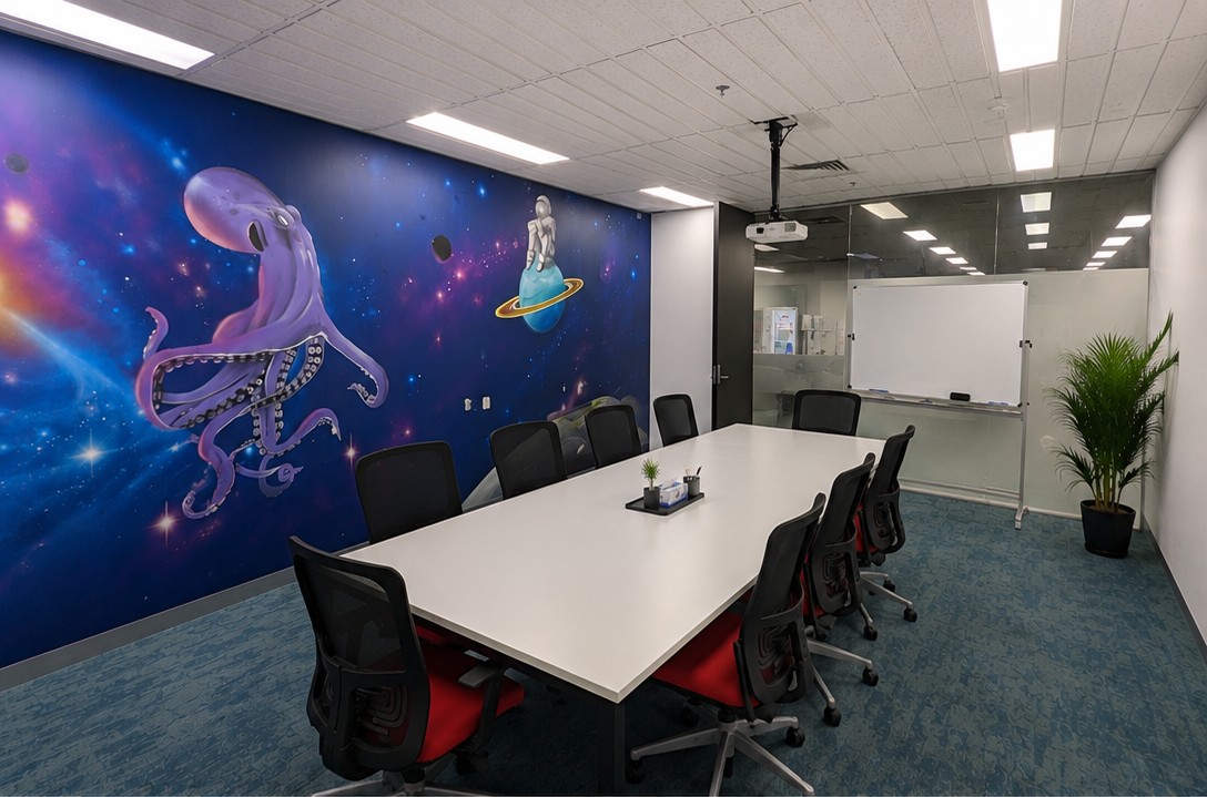 Meeting room with a colourful space-themed mural, boardroom table and seating for ten
