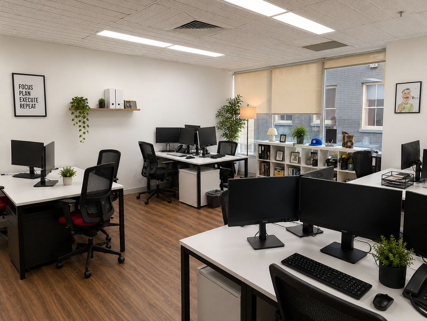 Open office space with desks, monitors and natural light